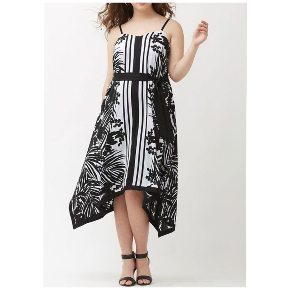 Lane Bryant Black and White Striped Floral Handkerchief-Hem Dress